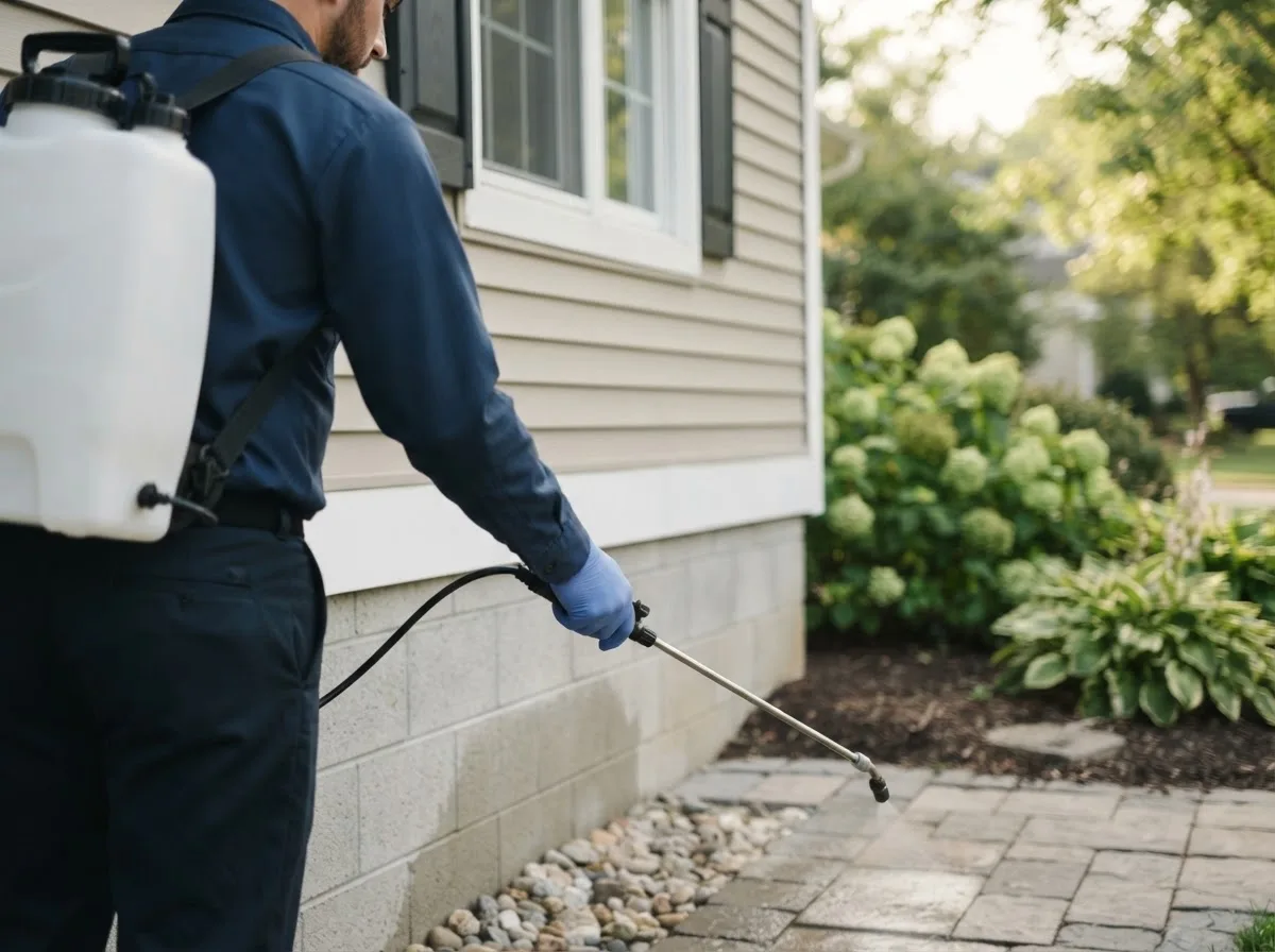 Pest control technician inspecting a home in Everton, AR